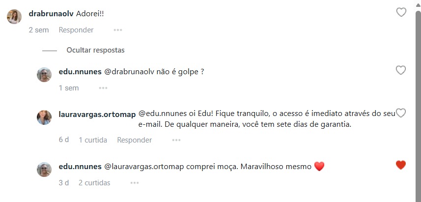 Comentário de cliente confirmando a compra e elogiando o OrtoMap