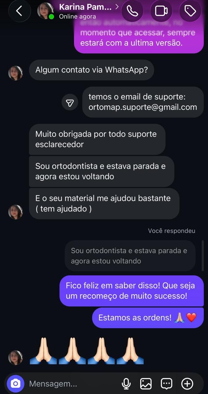 Mensagem de ortodontista agradecendo o suporte e dizendo que o material ajudou bastante