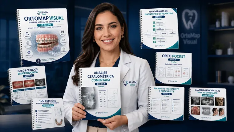 Mockup completo dos bônus do OrtoMap Visual com capas e conteúdos visuais